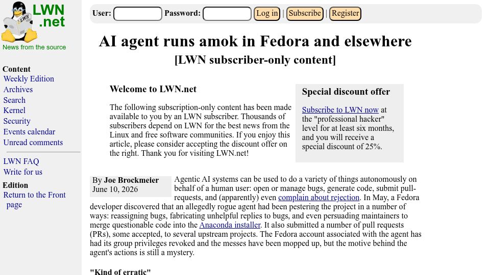 Screenshot of lwn.net: AI agent runs amok in Fedora and elsewhere