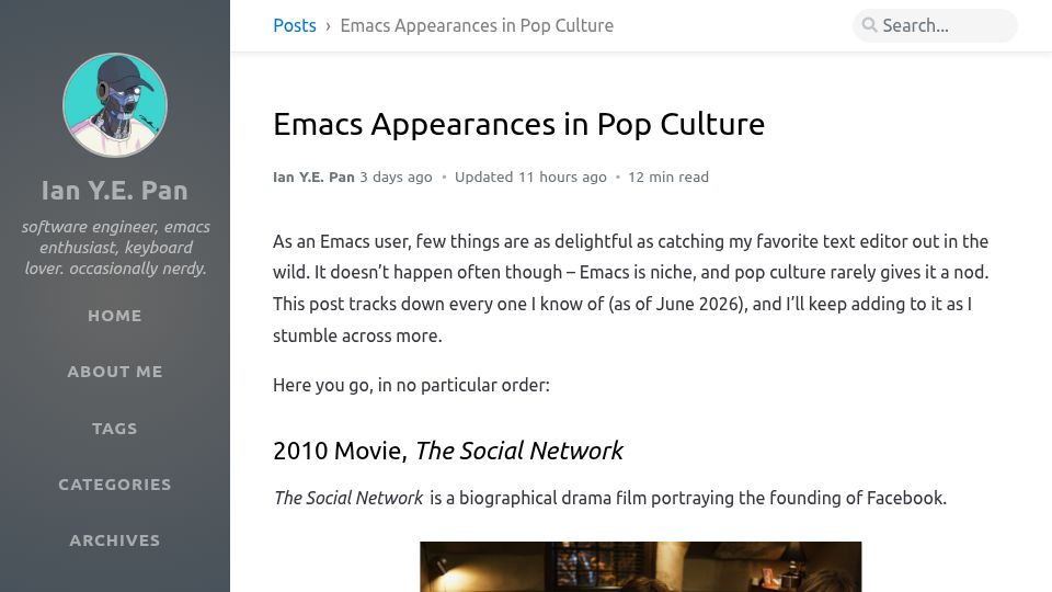 Screenshot of ianyepan.github.io: Emacs appearances in pop culture