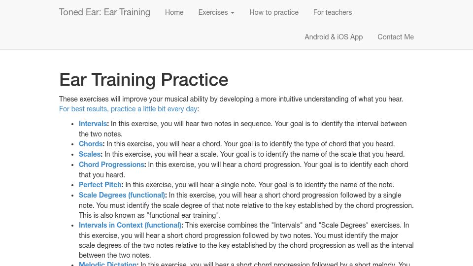 Screenshot of tonedear.com: Ear Training Practice