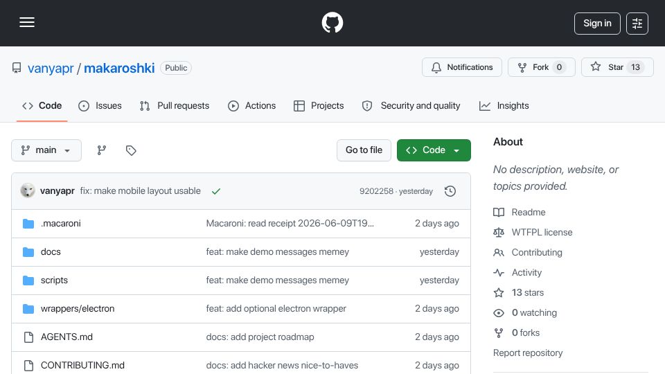 Screenshot of github.com: Macaroni – a single HTML file messenger