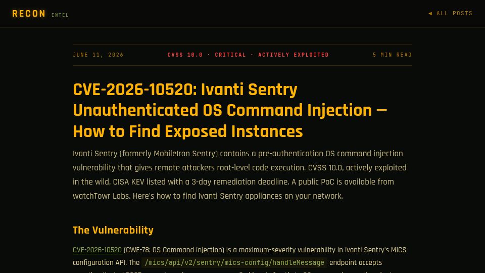Screenshot of hellorecon.com: Ivanti Sentry pre-auth RCE (CVE-2026-10520) – CVSS 10.0, public PoC, CISA KEV