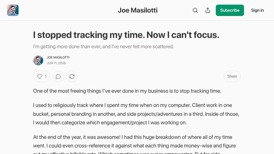 Screenshot of newsletter.masilotti.com: I stopped tracking my time. Now I can't focus