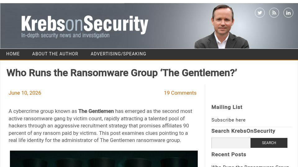 Screenshot of krebsonsecurity.com: Who Runs the Ransomware Group 'The Gentlemen?'