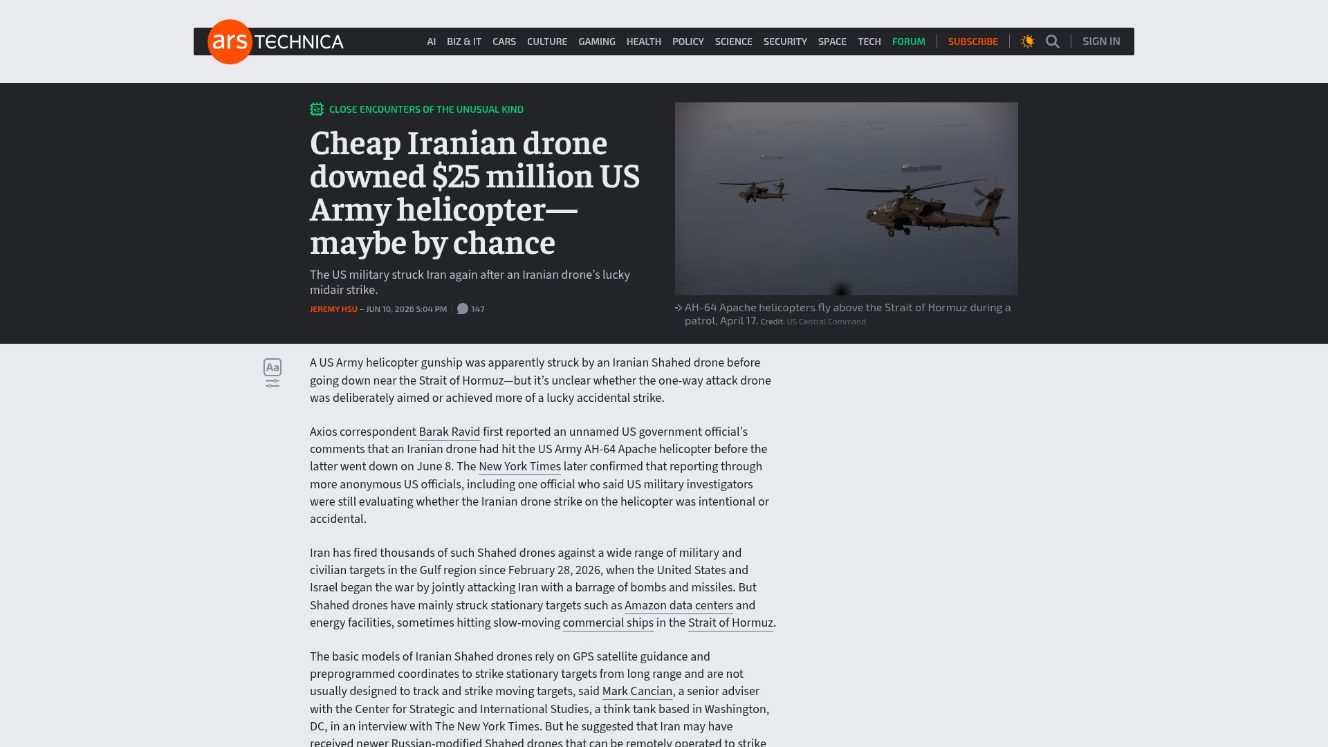 Screenshot of arstechnica.com: Cheap Iranian drone downed $25M US Army helicopter–maybe by chance