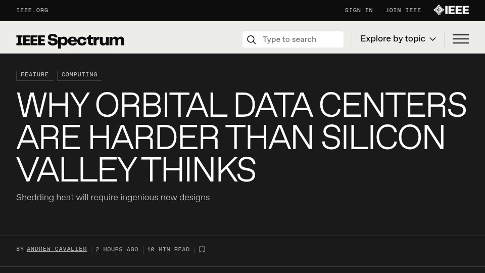 Screenshot of spectrum.ieee.org: Thermodynamics rules future orbital data centers
