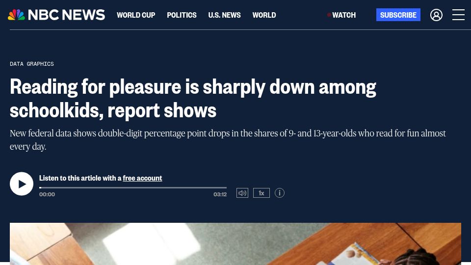 Screenshot of nbcnews.com: Reading for pleasure is sharply down among schoolkids, report shows