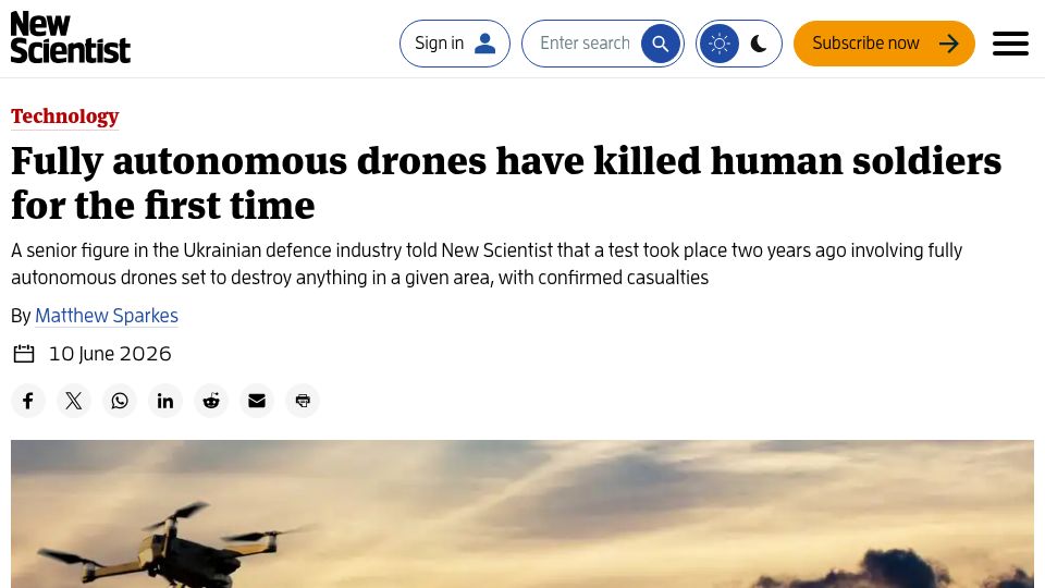 Screenshot of newscientist.com: Fully autonomous drones have killed human soldiers for the first time