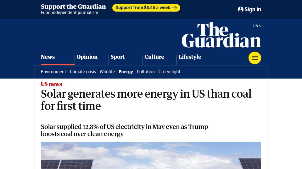 Screenshot of theguardian.com: Solar generates more energy in US than coal for first time