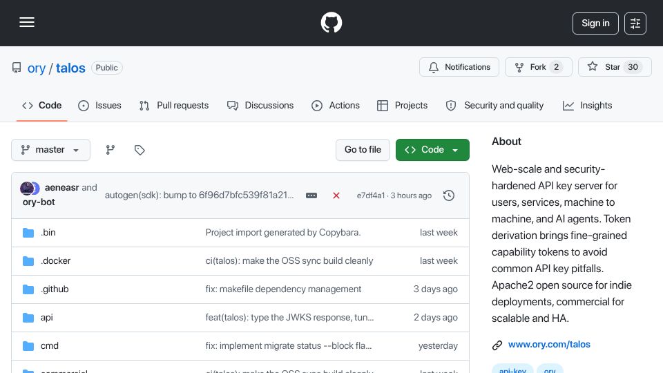 Screenshot of github.com: Show HN: Open-source API Key server written in Go by Ory