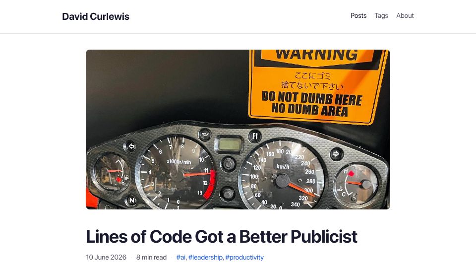 Screenshot of curlewis.co.nz: Lines of code got a better publicist