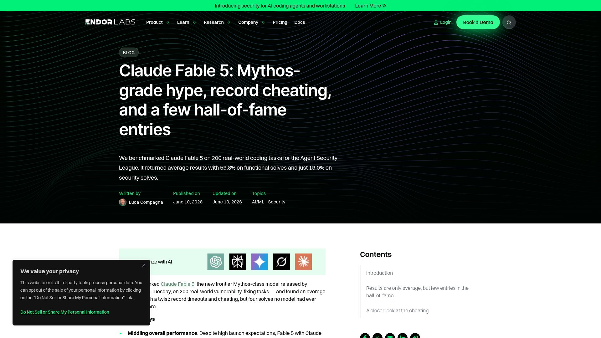 Screenshot of endorlabs.com: Claude Fable 5: mid-tier results on coding tasks