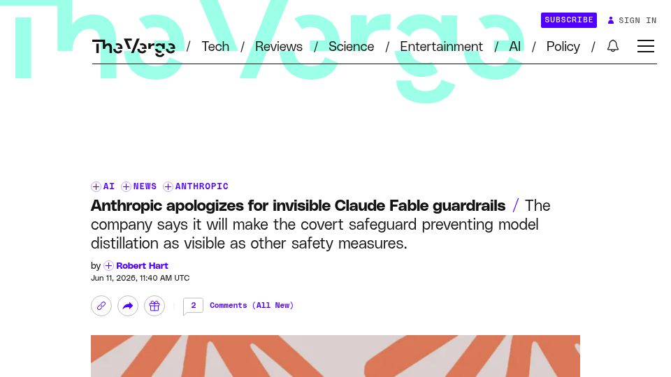 Screenshot of theverge.com: Anthropic apologizes for invisible Claude Fable guardrails