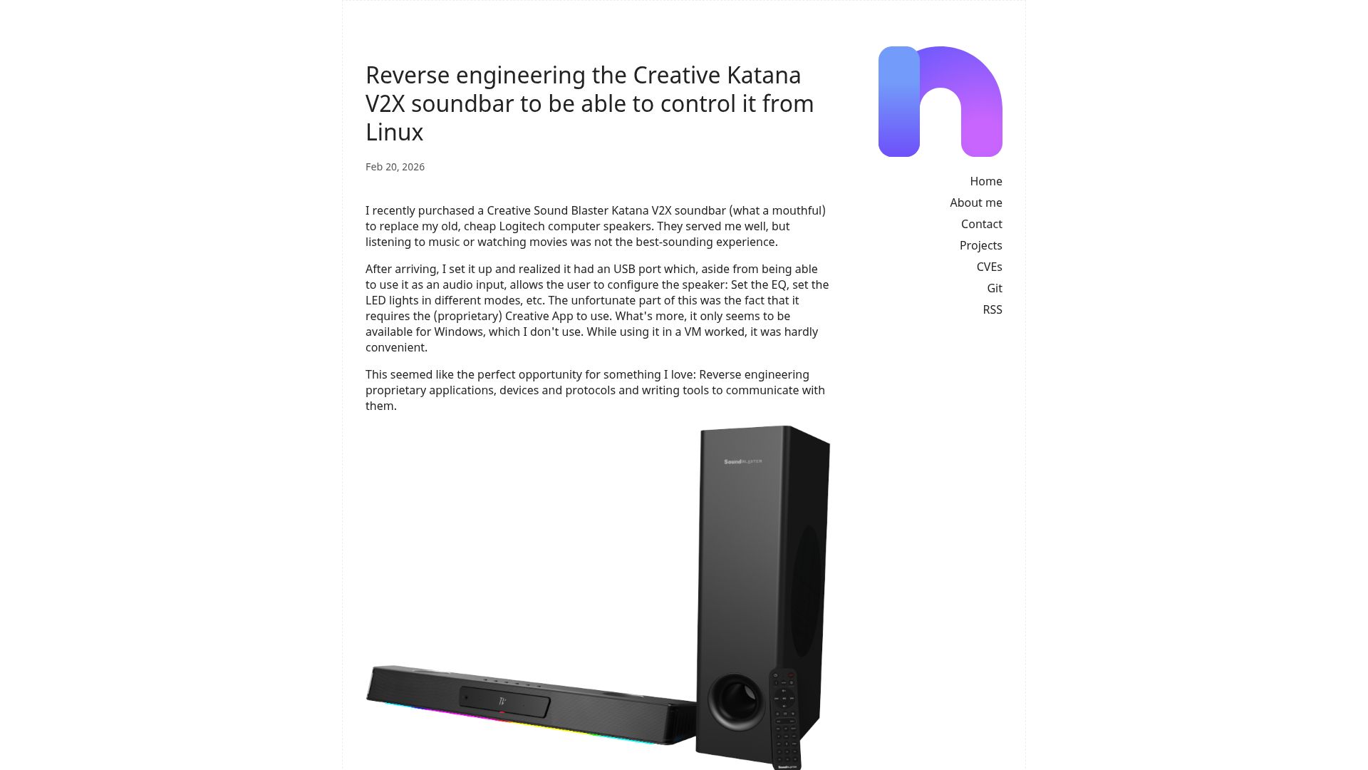 Screenshot of blog.nns.ee: Reverse engineering the Creative Katana soundbar to control it from Linux