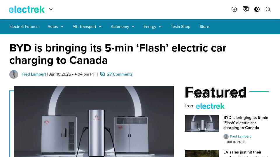 Screenshot of electrek.co: BYD is bringing its 5-min 'Flash' electric car charging to Canada