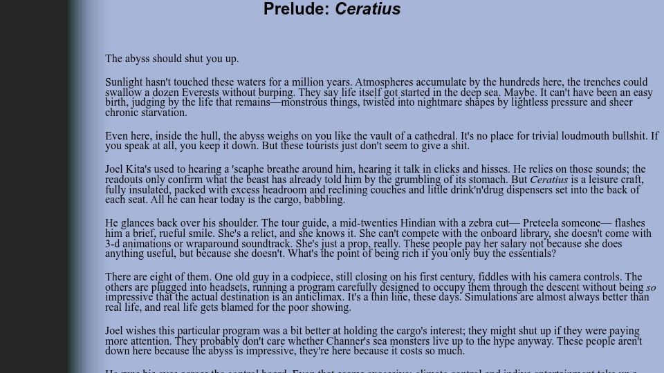 Screenshot of rifters.com: Starfish by Peter Watts (1999)