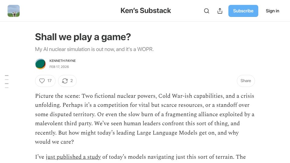 Screenshot of kennethpayne.uk: Shall we play a game? My AI nuclear simulation