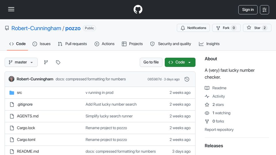 Screenshot of github.com: Pozzo: A Fast Lucky Number Checker