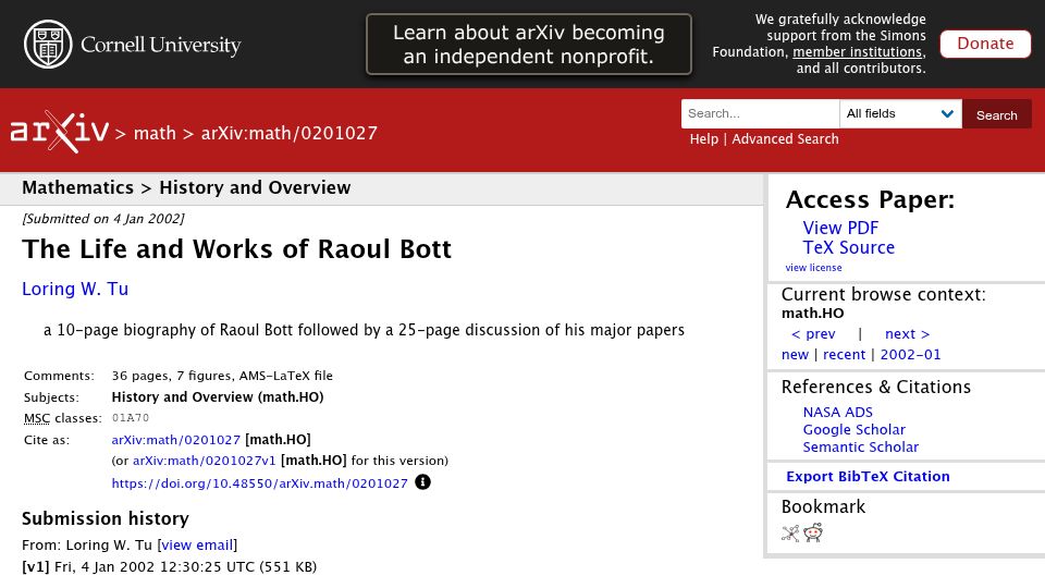 Screenshot of arxiv.org: The Life and Works of Raoul Bott (2002)