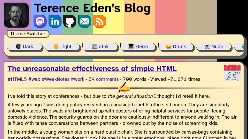 Screenshot of shkspr.mobi: The unreasonable effectiveness of simple HTML (2021)