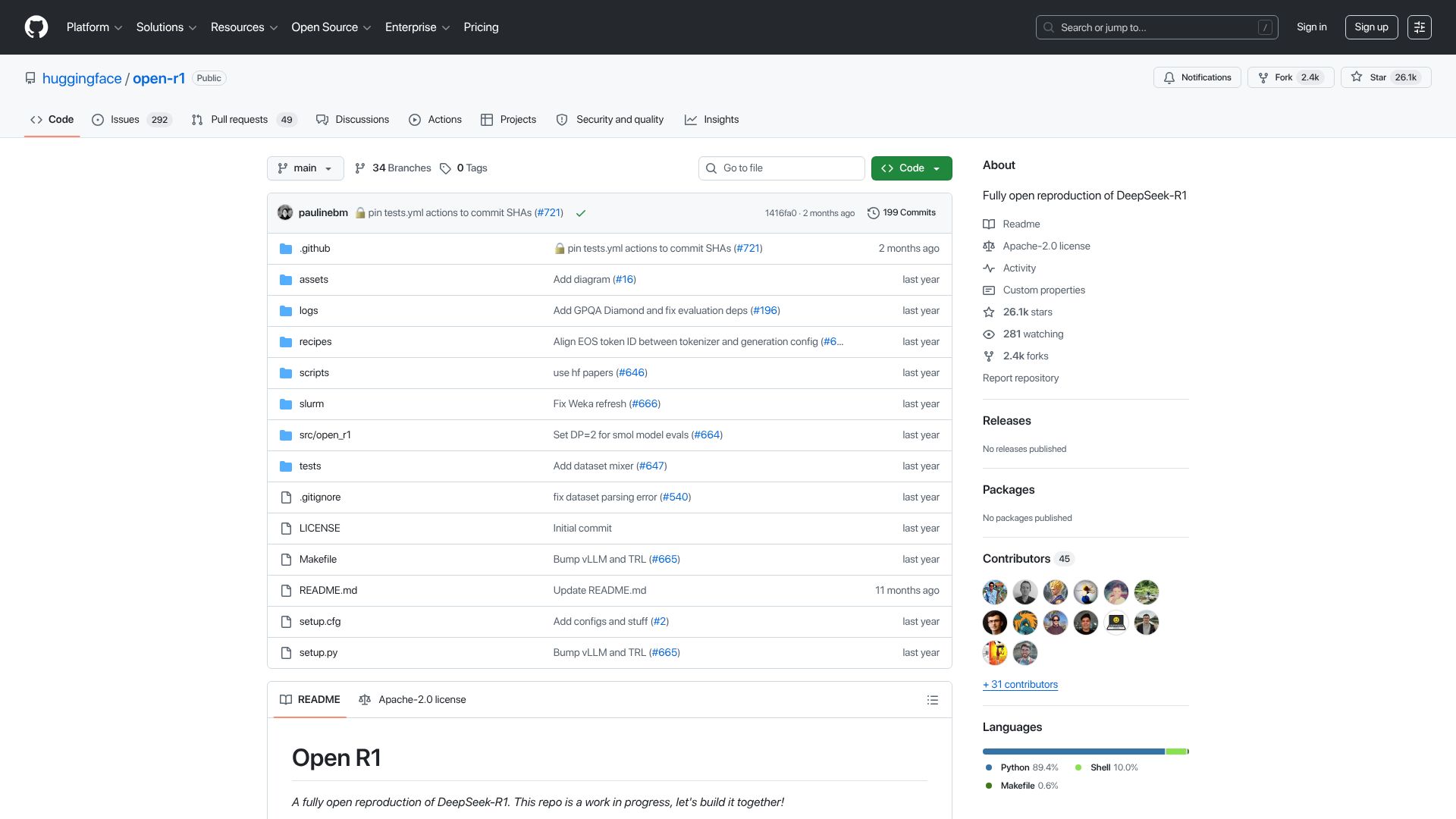 Screenshot of github.com: Open Reproduction of DeepSeek-R1