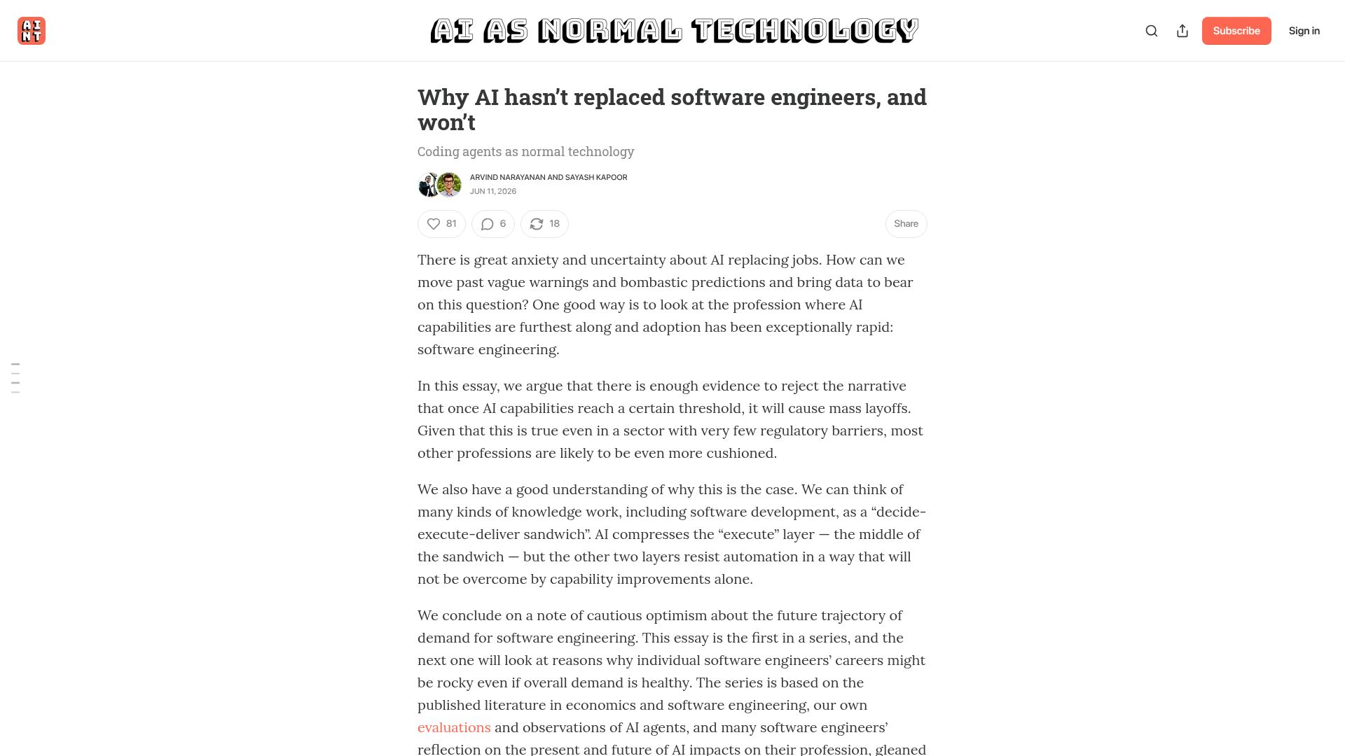 Screenshot of normaltech.ai: Why AI hasn't replaced software engineers, and won't