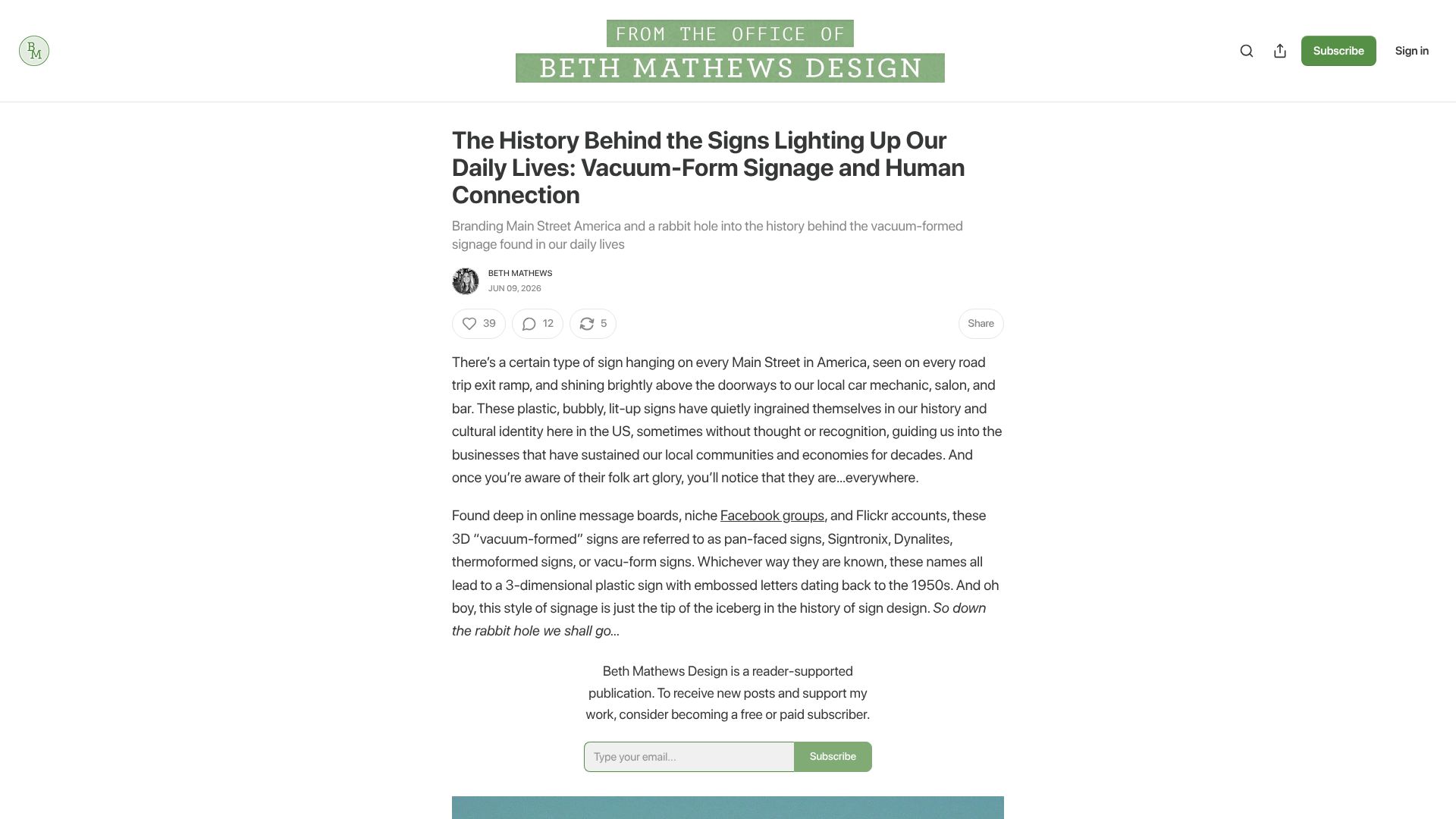 Screenshot of bethmathews.substack.com: Vacuum-Form Signage