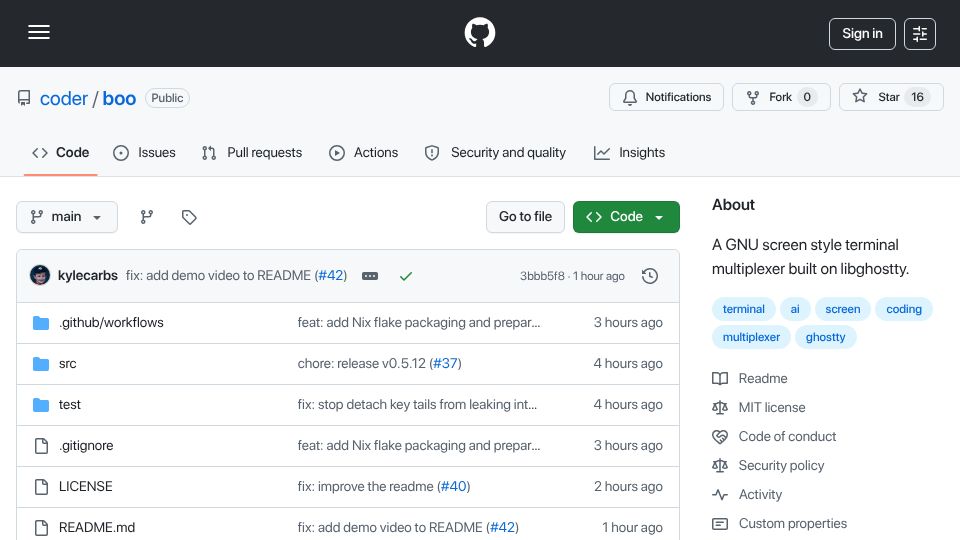 Screenshot of github.com: Show HN: Boo – Screen-style terminal multiplexer built on libghostty