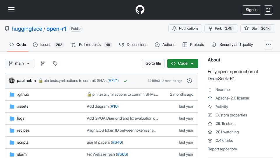 Screenshot of github.com: Open Reproduction of DeepSeek-R1