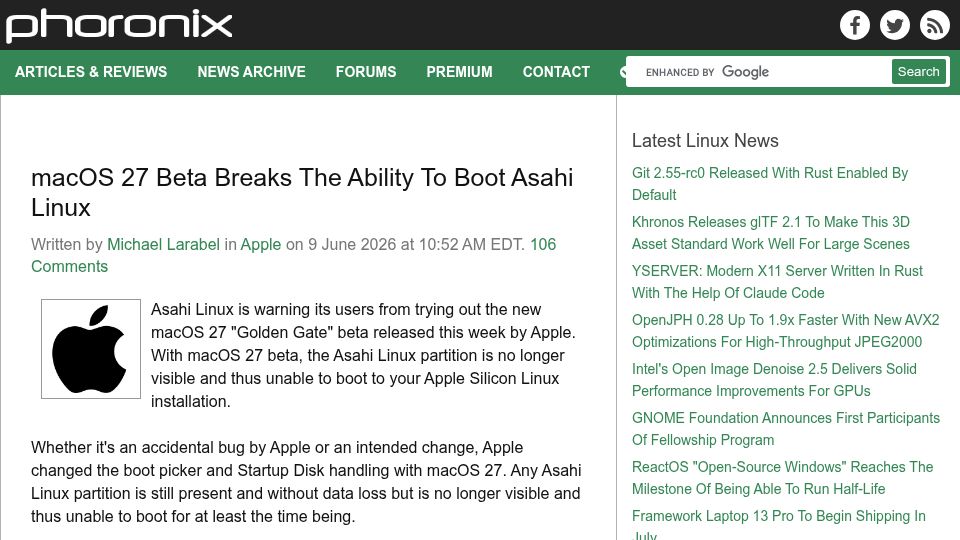 Screenshot of phoronix.com: macOS 27 Beta breaks the ability to boot Asahi Linux