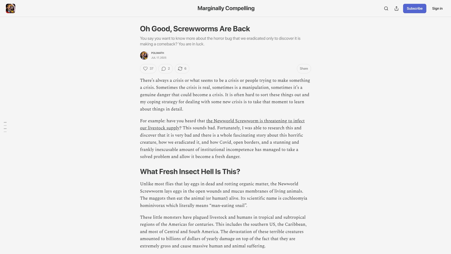Screenshot of marginallycompelling.com: Oh good, screwworms are back (2025)