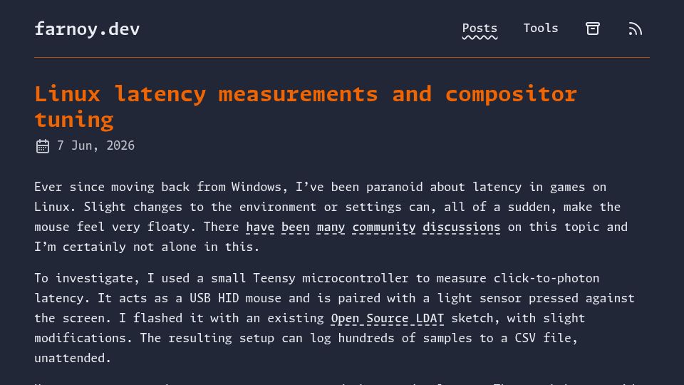 Screenshot of farnoy.dev: Linux latency measurements and compositor tuning