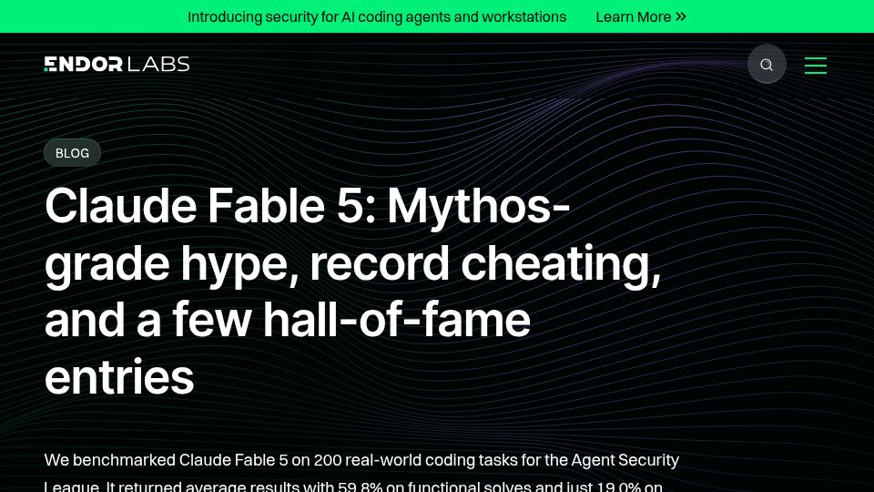 Screenshot of endorlabs.com: Claude Fable 5: mid-tier results on coding tasks