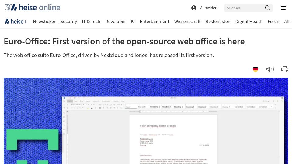 Screenshot of heise.de: Euro-Office: First version of the open-source web office is here