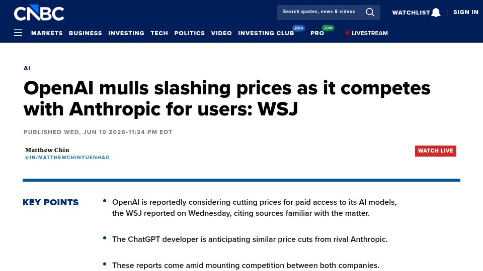 Screenshot of cnbc.com: OpenAI mulls slashing prices as it competes with Anthropic for users