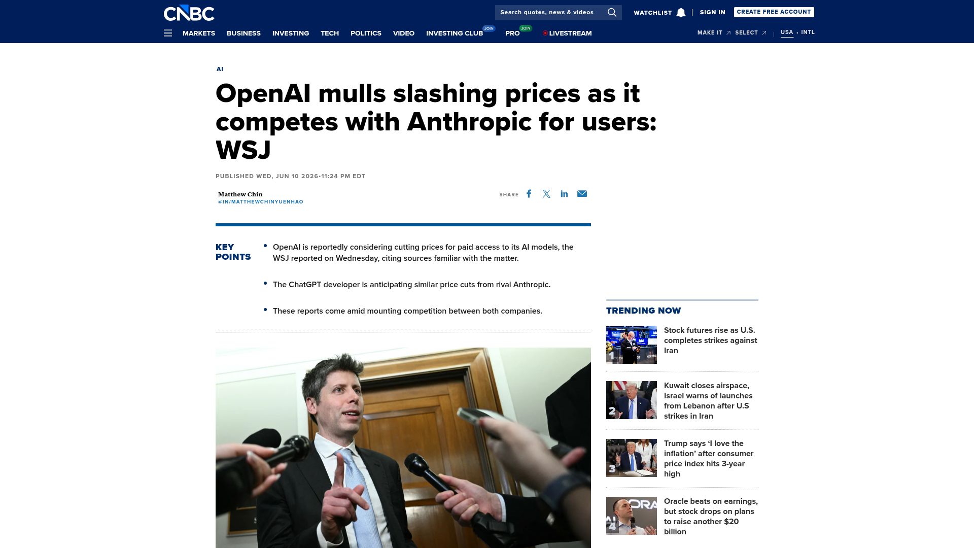 Screenshot of cnbc.com: OpenAI mulls slashing prices as it competes with Anthropic for users