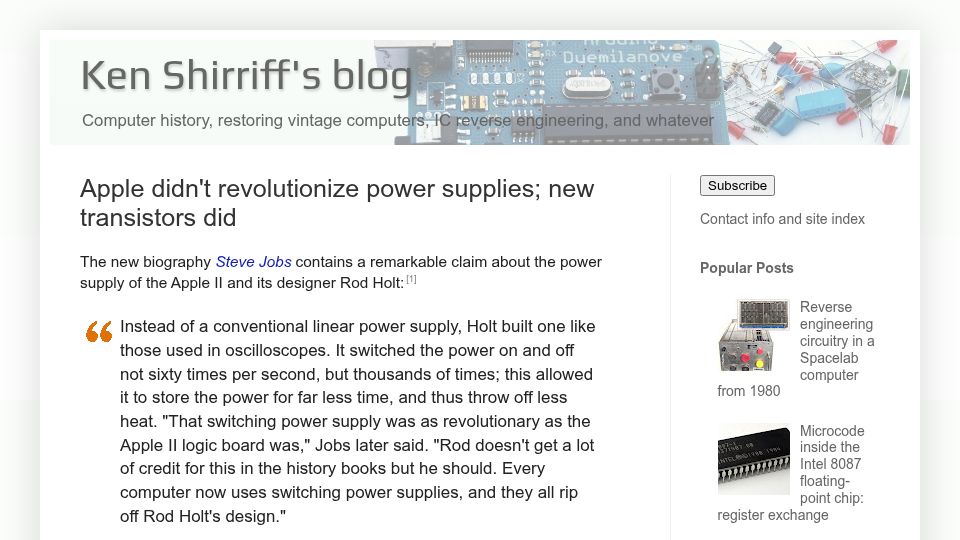 Screenshot of righto.com: Apple didn't revolutionize power supplies; new transistors did (2012)