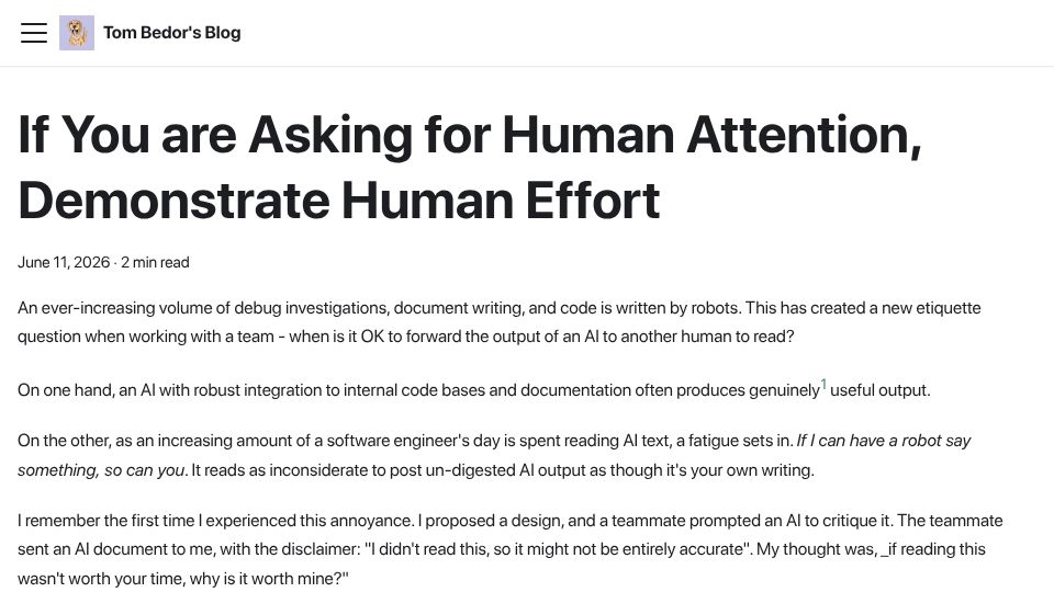 Screenshot of tombedor.dev: If you are asking for human attention, demonstrate human effort