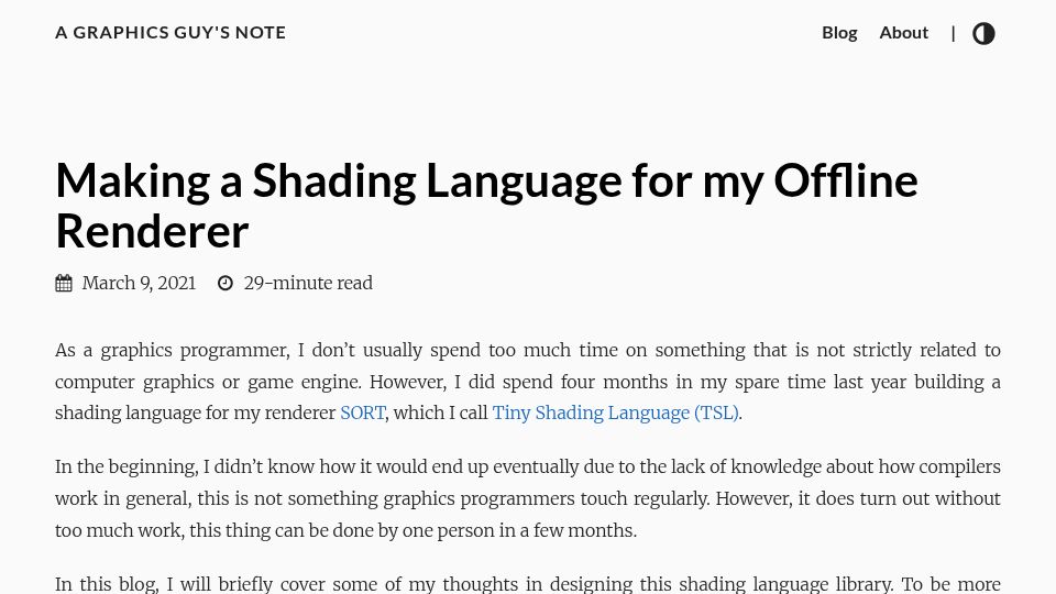 Screenshot of agraphicsguynotes.com: Making a Shading Language for My Offline Renderer