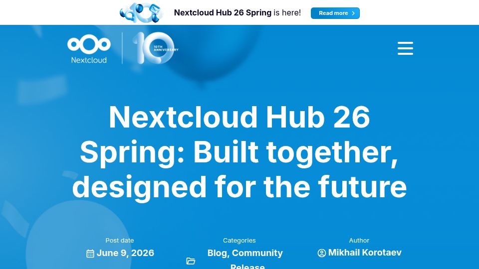 Screenshot of nextcloud.com: Nextcloud Hub 26 Spring: Built together, designed for the future