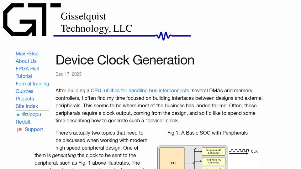 Screenshot of zipcpu.com: Device Clock Generation (2025)