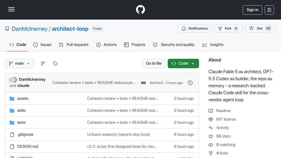 Screenshot of github.com: /architect: Reduce Fable tokens by 80%, Fable orchestrates/reviews, Codex builds