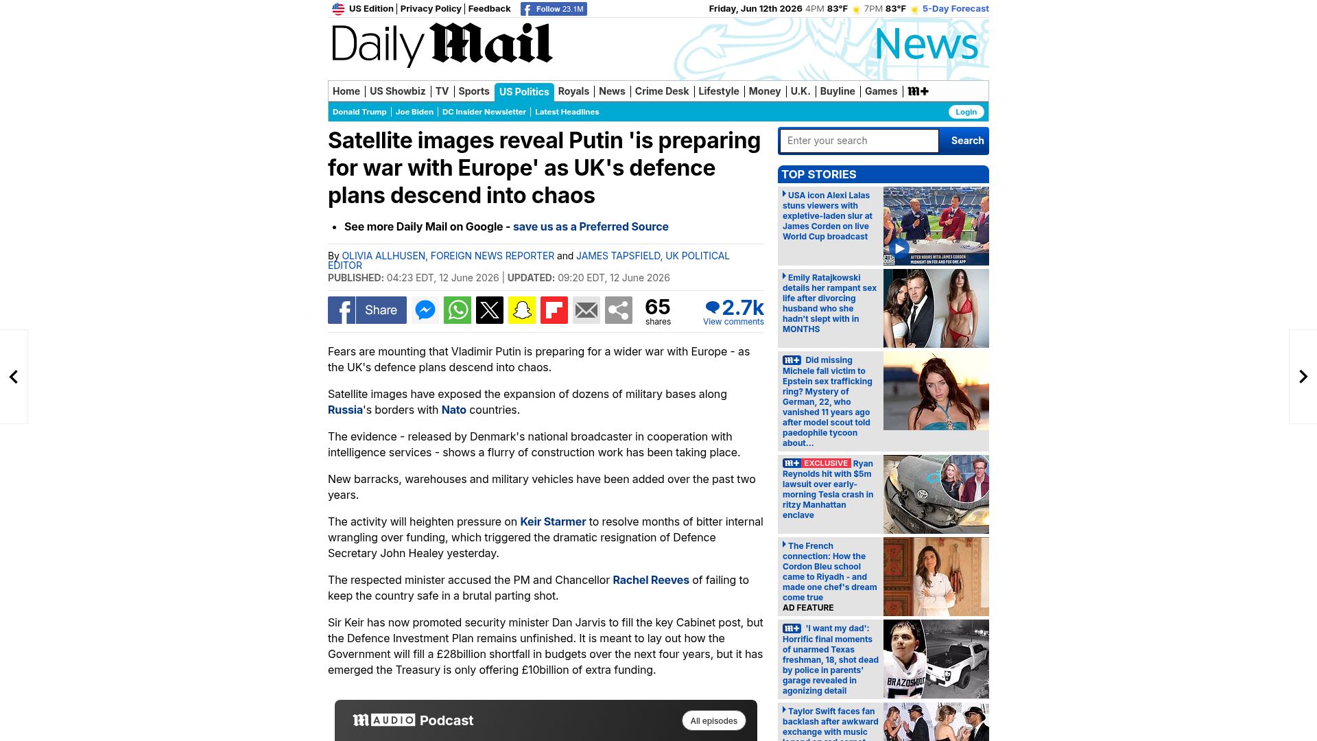 Screenshot of dailymail.com: Satellite images reveal Putin is preparing for war with Europe