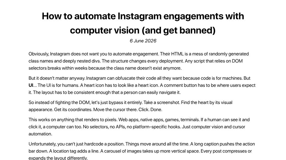 Screenshot of blog.florianherrengt.com: How to automate Instagram engagements with computer vision (and get banned)