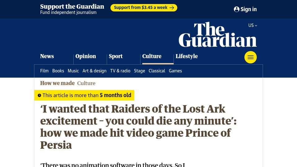 Screenshot of theguardian.com: How we made hit video game Prince of Persia
