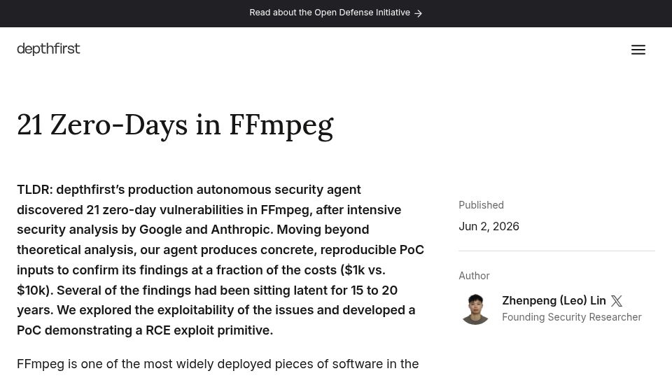 Screenshot of depthfirst.com: Twenty One Zero-Days in FFmpeg