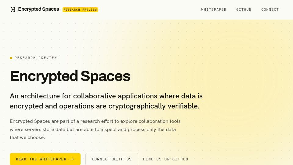 Screenshot of encryptedspaces.org: Encrypted Spaces: An architecture for collaborative applications