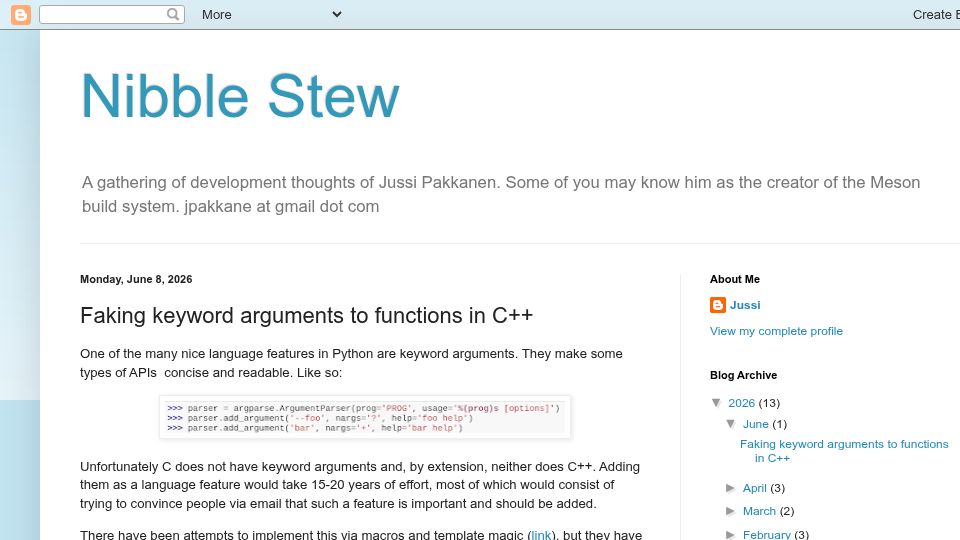Screenshot of nibblestew.blogspot.com: Faking keyword arguments to functions in C++