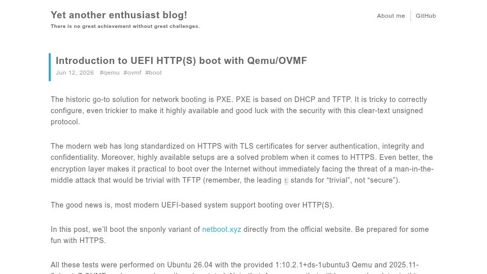 Screenshot of blog.yadutaf.fr: Introduction to UEFI HTTP(s) Boot with QEMU/OVMF