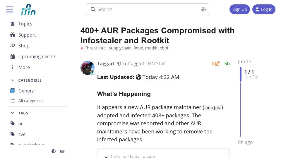 Screenshot of discourse.ifin.network: AUR packages compromised with Infostealer and Rootkit