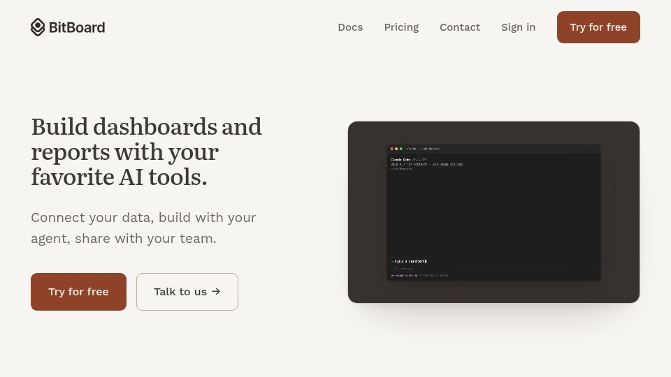 Screenshot of bitboard.work: Launch HN: BitBoard (YC P25) – Analytics Workspace for Agents
